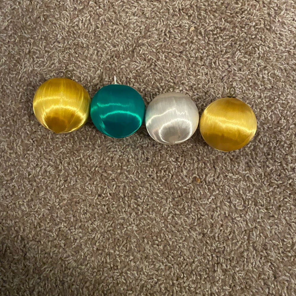 Set of 4. Vintage Satin Ornament Set - Gold/Teal/White.